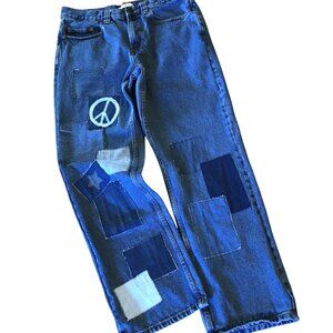 Men’s Patchwork Jeans, Size 34-34: Upcycled Denim 1970s Hippie Boho Retro Pants
